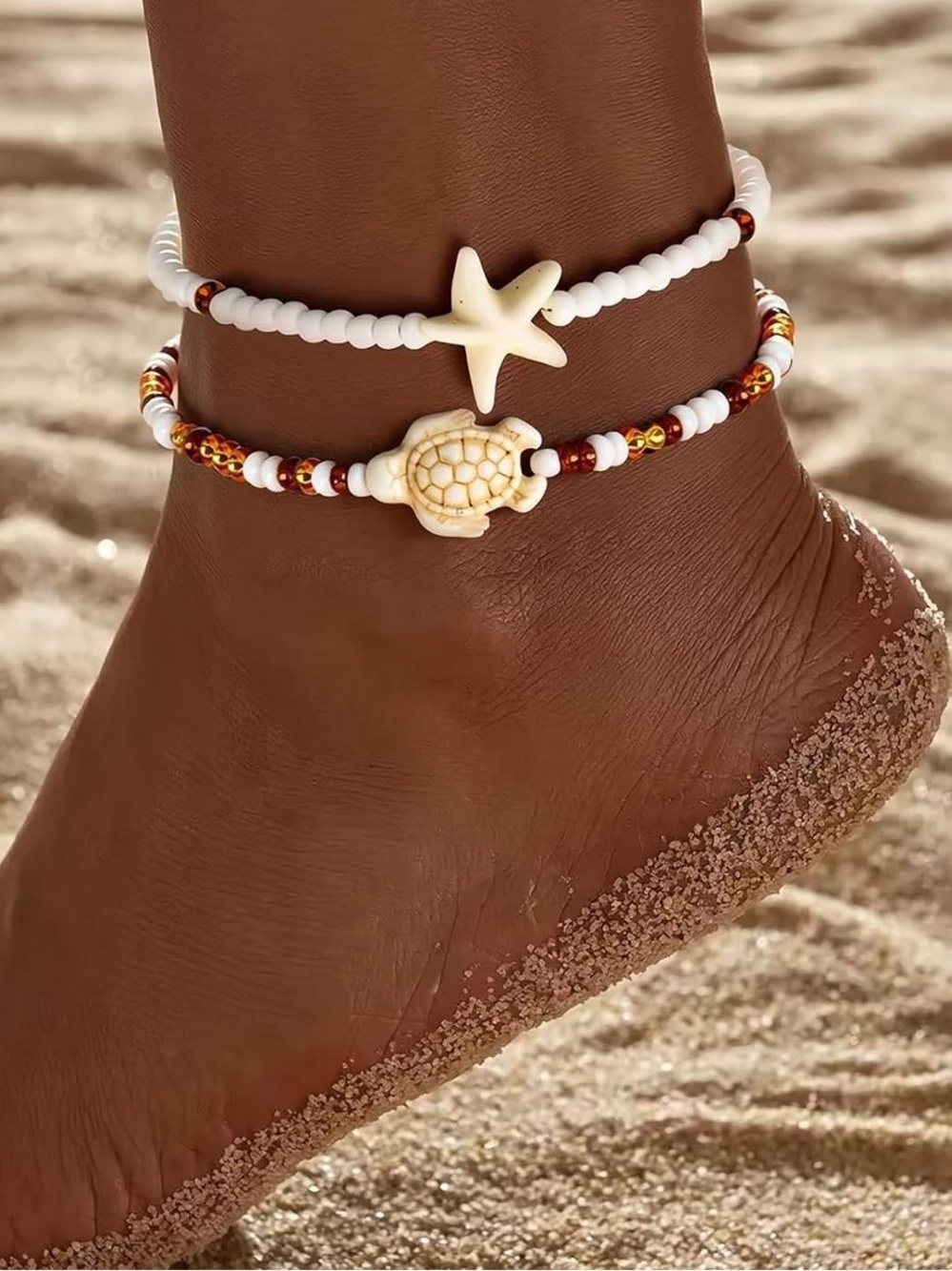 Anthropologie White Shell Starfish & Turtle Beaded Anklet Duo - Picture 4 of 4